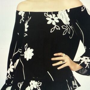 INC International Concepts Black and White Floral Embroidered 3/4 Sleeve Top